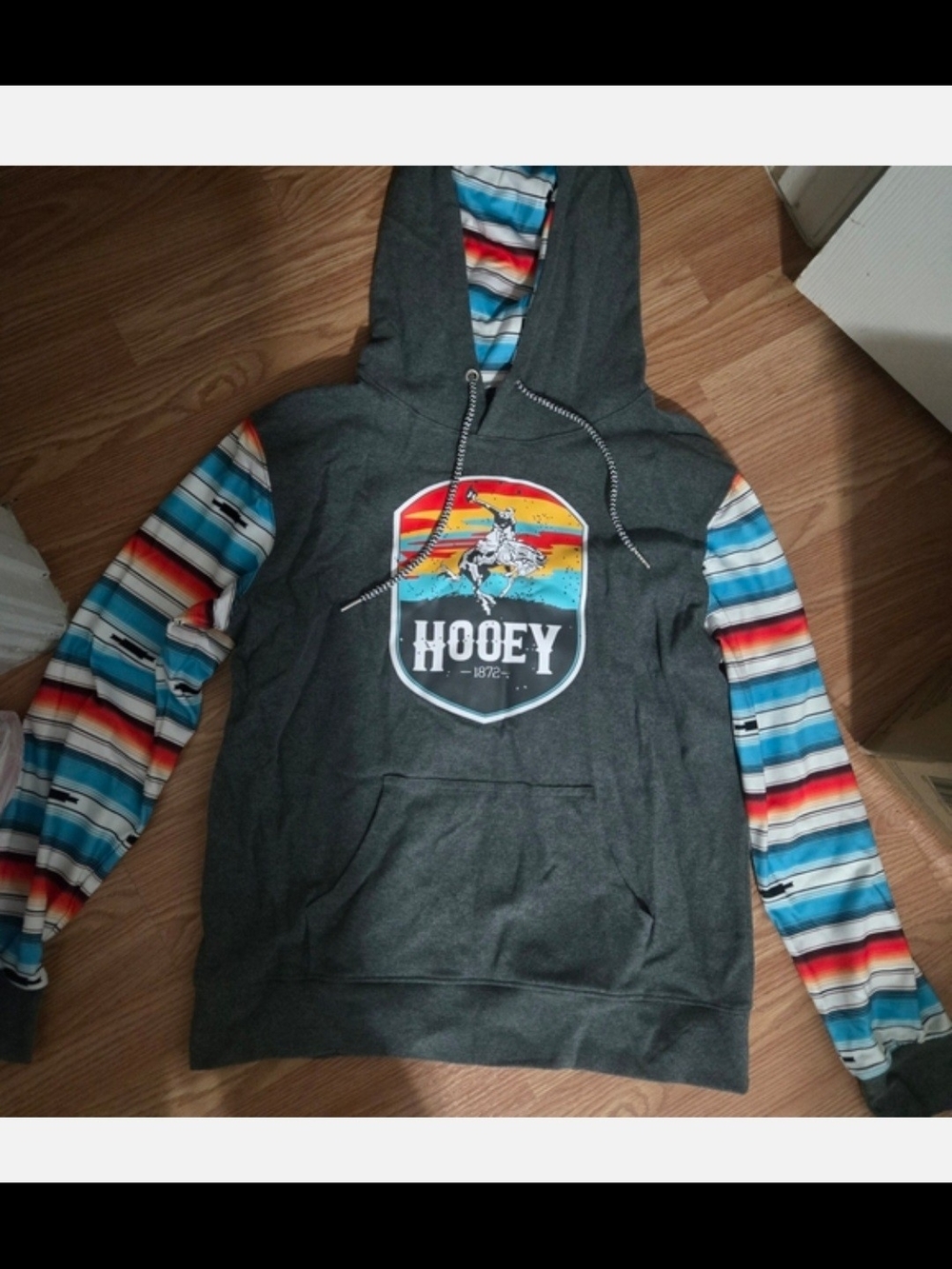 Hooey Charcoal Hoodie with Vibrant Striped Sleeves Large Womans